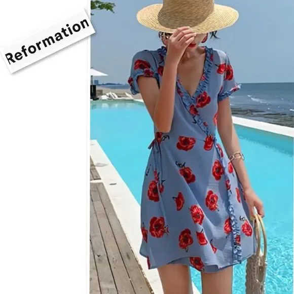 Reformation Garnet Wrap Dress Pelyana V-Neck Floral Print Dress In Blue Ref Sz S - Picture 3 of 16